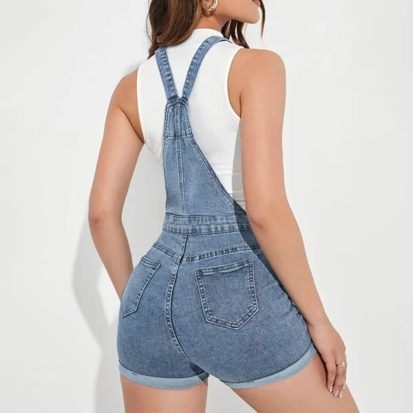 Women's Denim Short Overalls – Slim Fit Summer One-Piece Jumpsuit with Pockets - Image 3